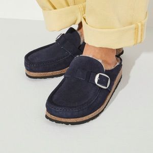 Birkenstock Buckley Shearling in Navy Blue with Silver Hardware